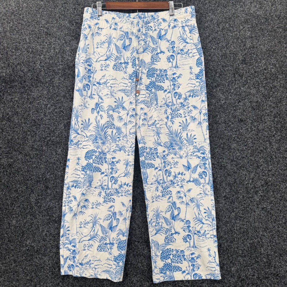 Belle Beach Kim Gravel Blue White Toile Tropical Wide Leg Pants Petite Medium MP